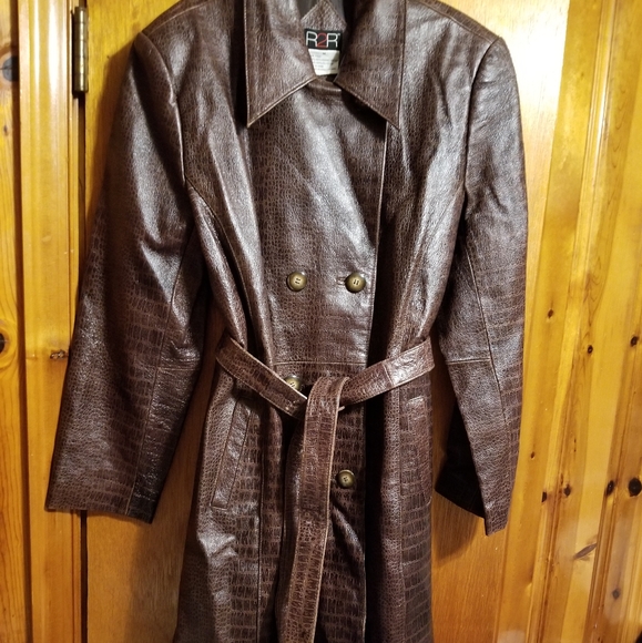 Croc Embossed Brown Genuine Leather Coat - Picture 6 of 7